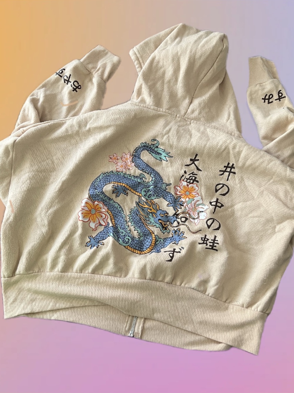 Cream Embroidered Dragon Hoodie Sweatshirt - Women Sweater